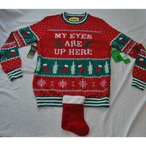 Tipsy Elves "My Eyes Are Up Here" Ugly Christmas Sweater w/ Stocking Medium